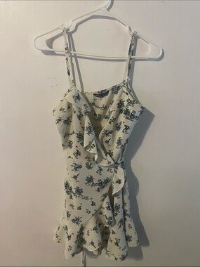Floral Ruffle Wrap Mini Dress - White with Blue Floral